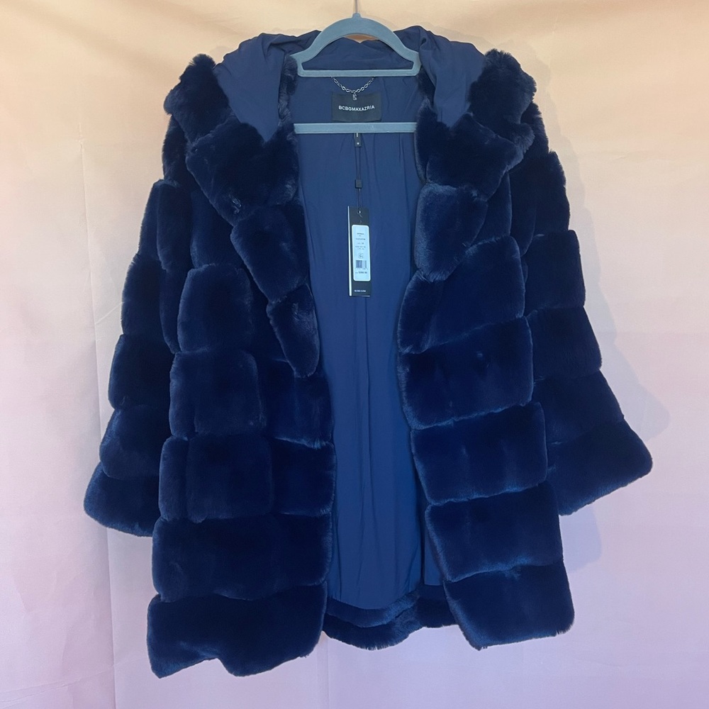 BCBC MaxAzria Blue Faux Fur Coat with Hood Size Medium